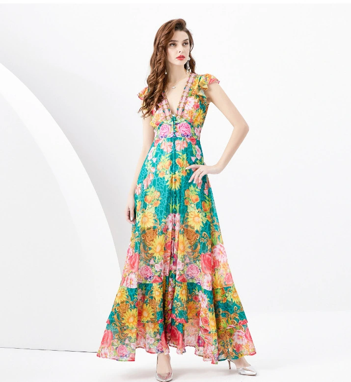 ruffled print elegant long skirt dress