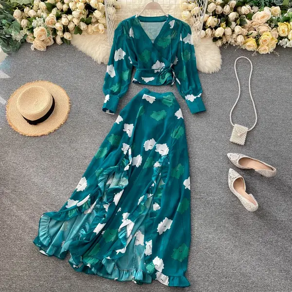 printed short chiffon two-piece suit dress