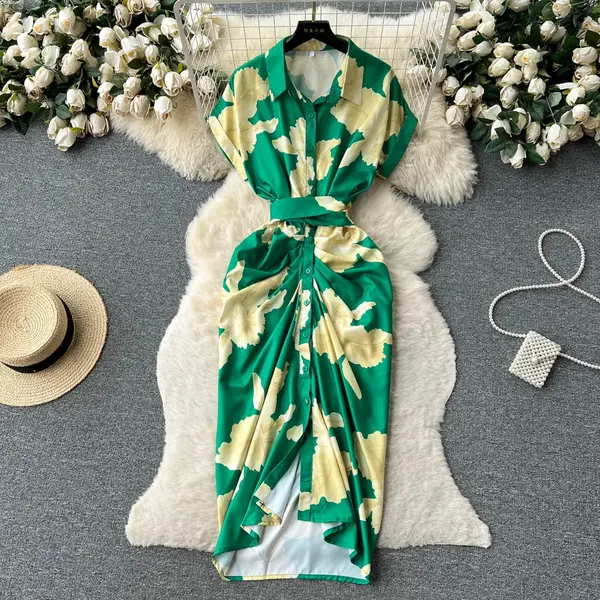 printed pleated lace long skirt dress