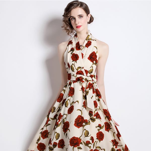 Retro printed V-neck lace-up skirt dress