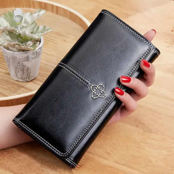 BG120 – Women’s long retro waxed leather large capacity clutch bag new mobile phone bag (3)