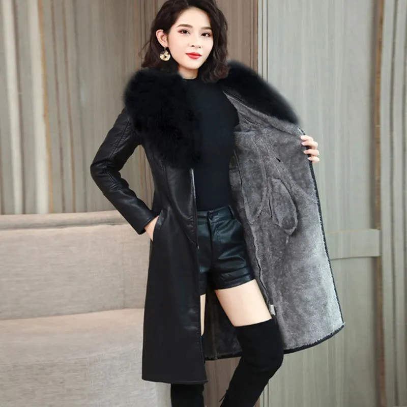Winter PU leather jacket for women with Large fur collar