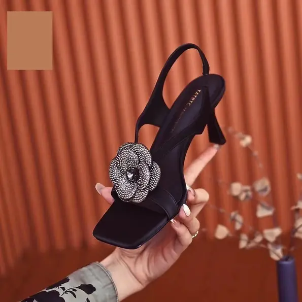 Rhinestone open-toe high-heeled shoes