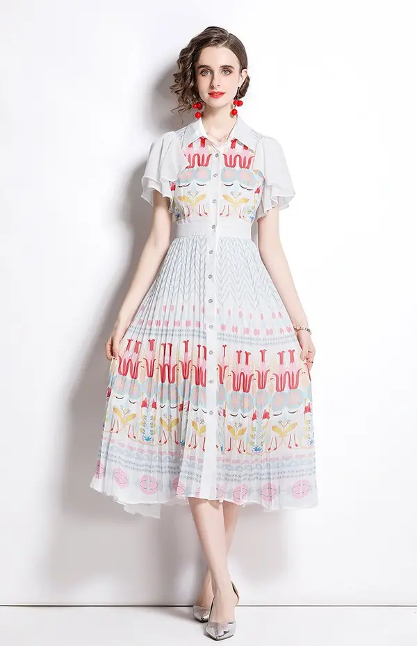 Waist buttoned, catwalk style, fashionable pleated dress