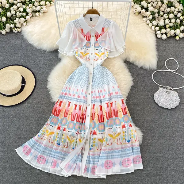 DR134 – Women’s, new waist buttoned, catwalk style, fashionable temperament, advanced printed splicing, pleated dress (1)