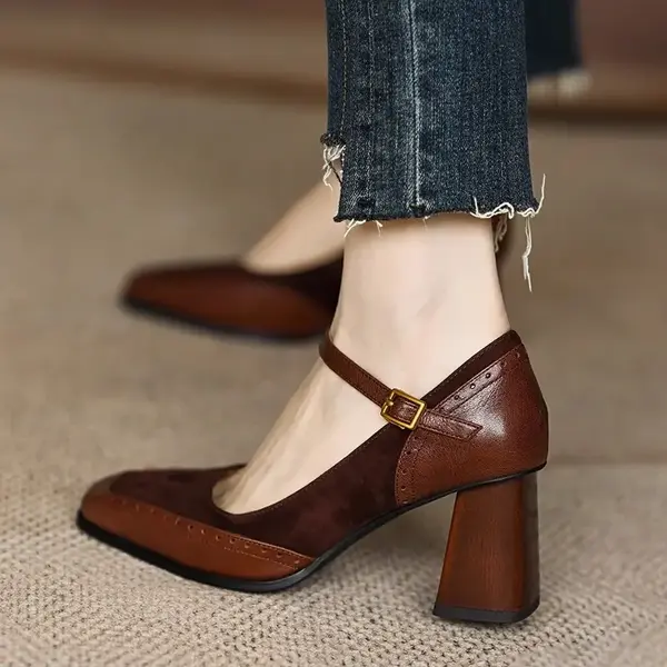 CT2556 – French retro stitching brown shallow square toe Mary Jane shoes (4)