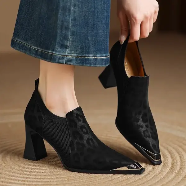 British style leopard print metal head high heels women's shoes