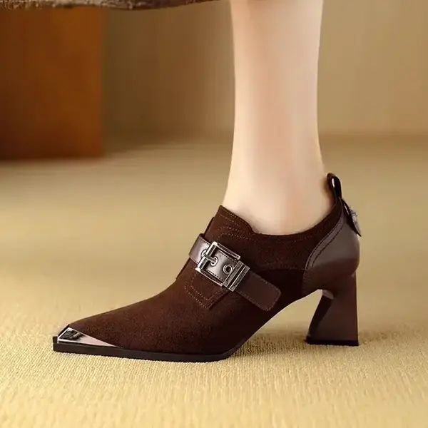 Retro fashion metal pointed toe thick heel deep-mouthed single shoes