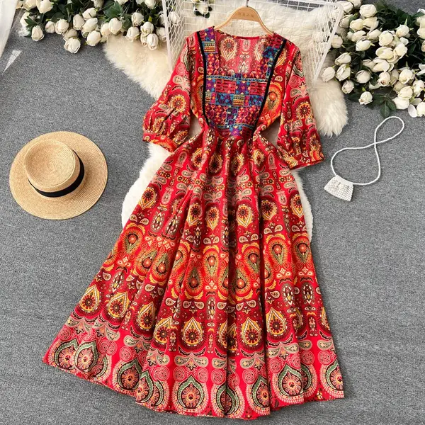 Printed embroidery long skirt dress