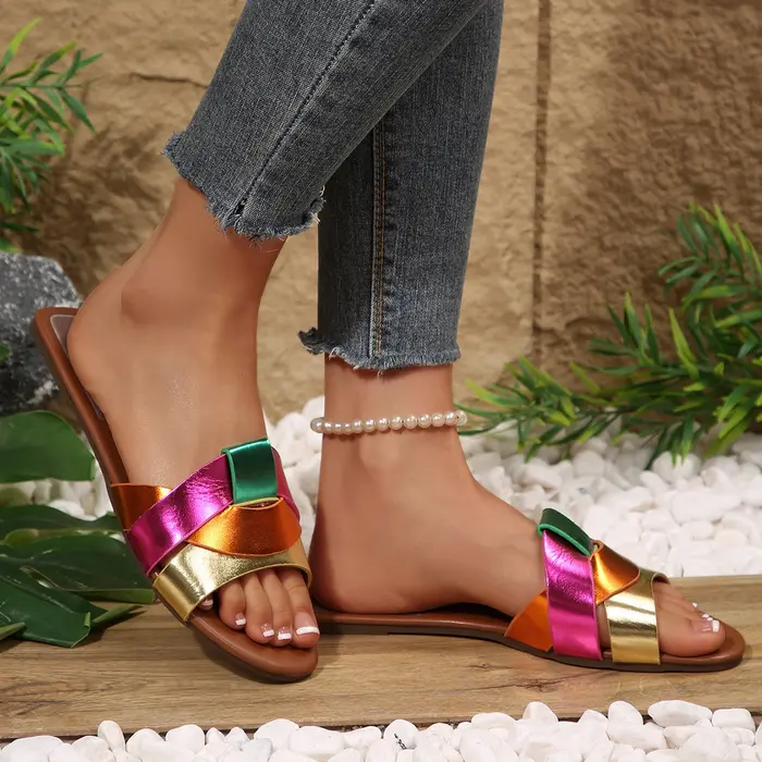 New Style Color-Blocking Metallic Luster Cross-Strap