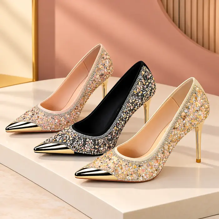 Rhinestone High Heels Metal Pointed Toe Shoes