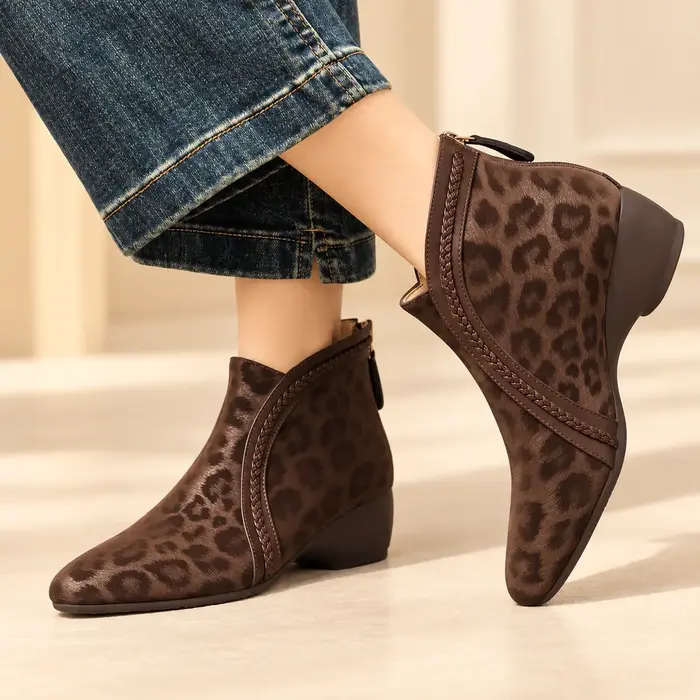 Leopard print patchwork ankle boots for women