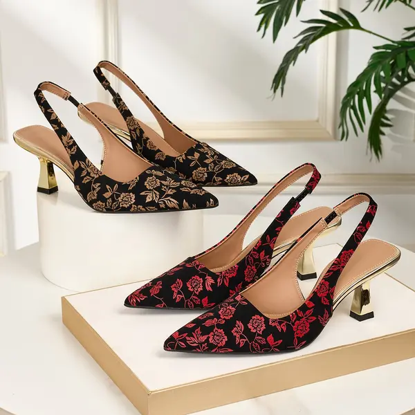 Women's Floral Pointed-Toe Kitten Heels